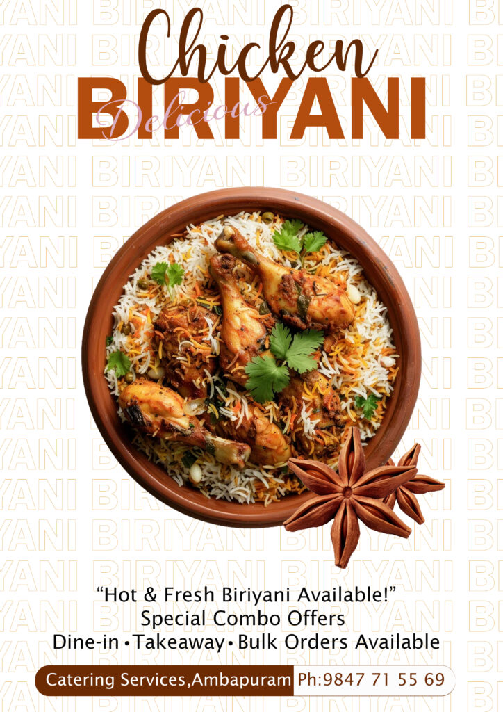 Modern biryani menu design with food photography, pricing, and restaurant branding.