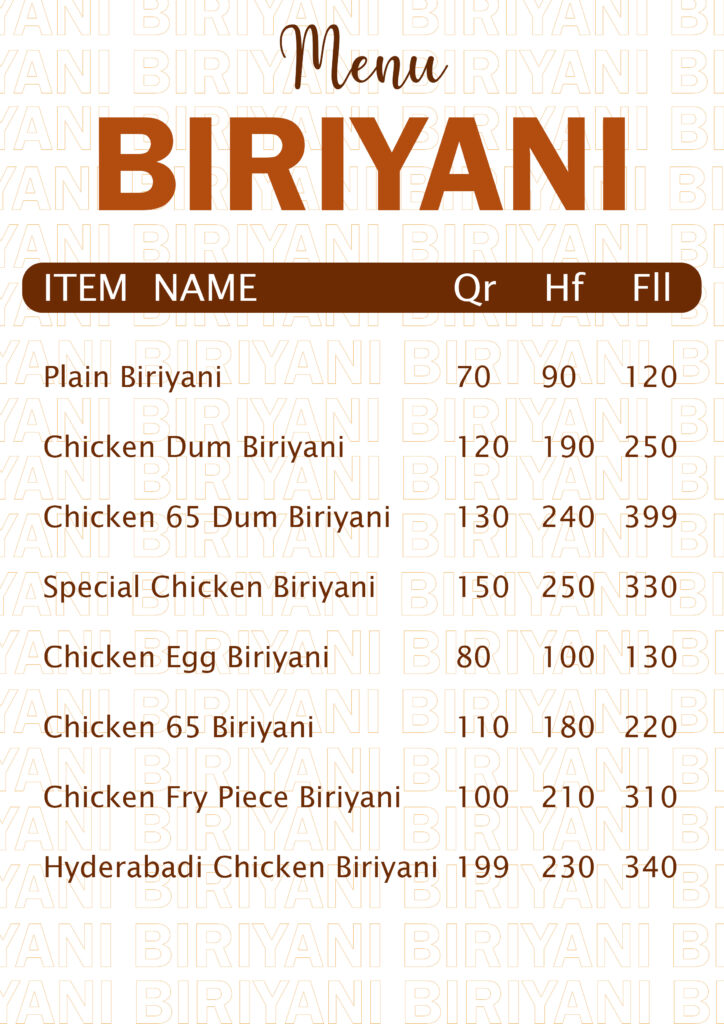 Biryani restaurant menu design showcasing delicious food, pricing, and restaurant branding.