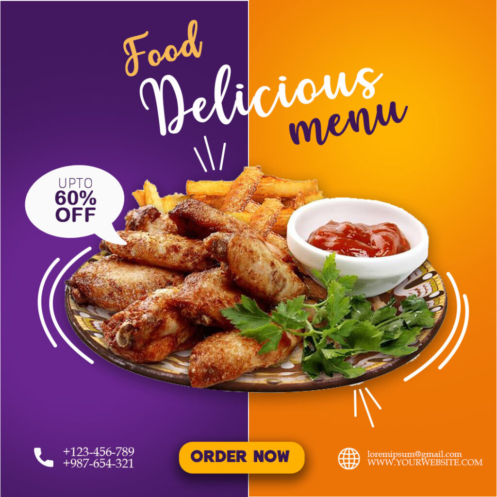 Food social media marketing post promoting restaurant meals with eye-catching graphic design.