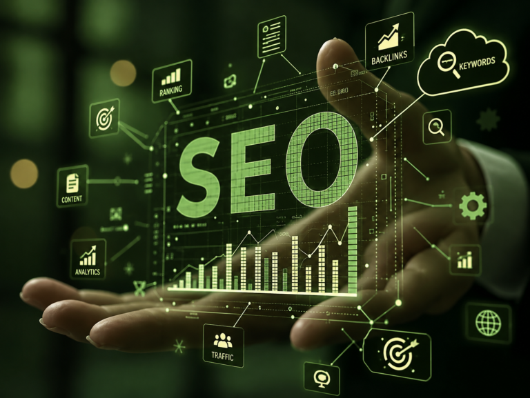 SEO strategy dashboard showing search engine optimization analytics, keyword rankings, backlinks, website traffic, and business growth.