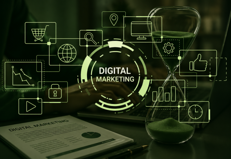 Digital marketing concept featuring analytics, online advertising, search, social media, e-commerce, and digital business growth.