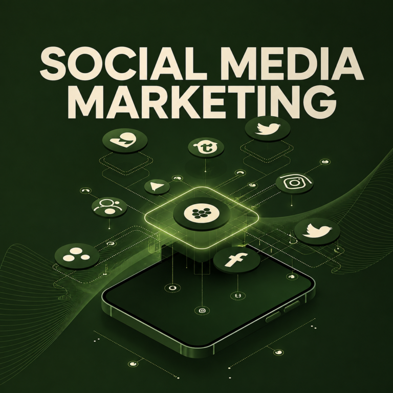 Social media marketing concept with smartphone, social media platforms, audience engagement, and digital brand promotion.