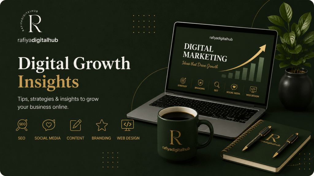 Digital marketer blog banner showcasing digital growth insights, SEO, social media marketing, content marketing, branding, web design, and online business growth strategies.