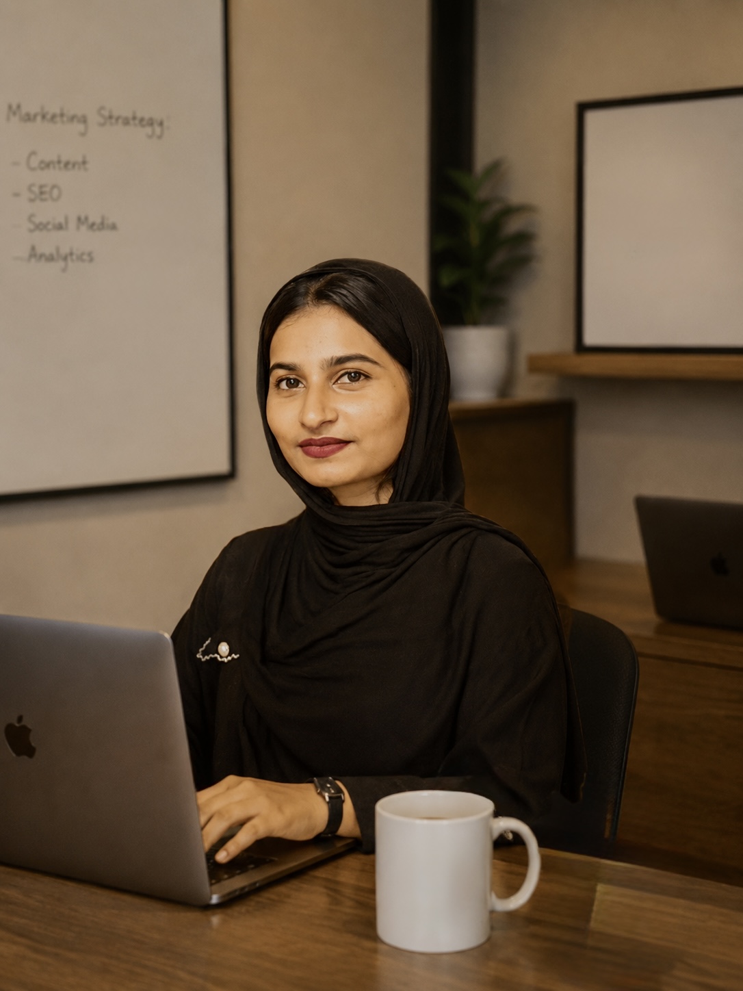Professional digital marketer working on a laptop in a modern office workspace.