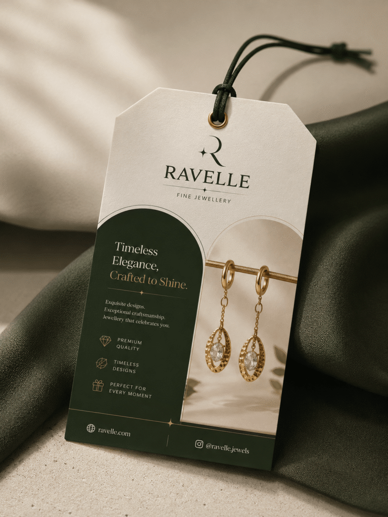 Luxury jewellery tag mockup featuring elegant branding and premium packaging design.